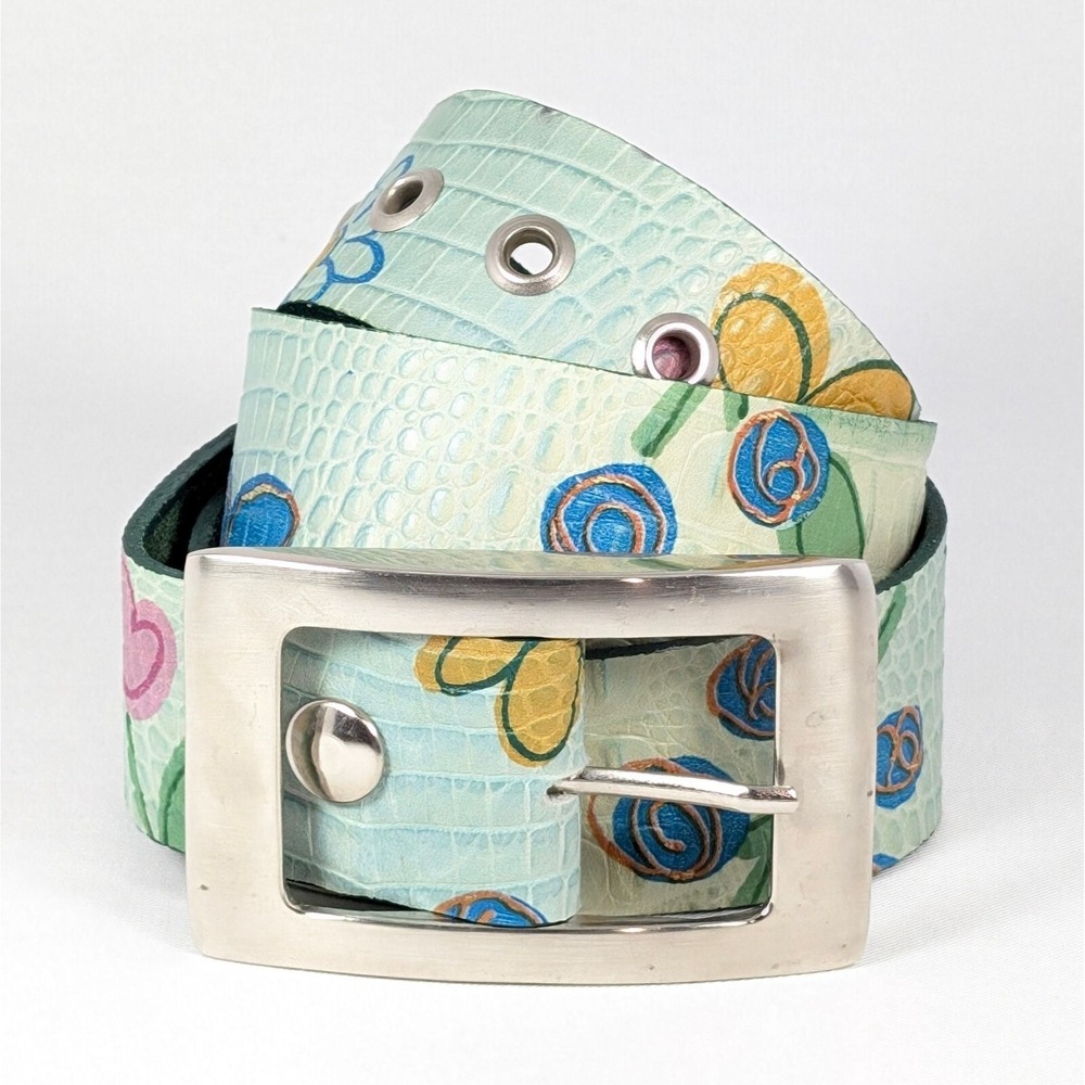 Floral Mock-Croc Embossed Belt Multicolor Light Teal Green Boho Artsy Statement